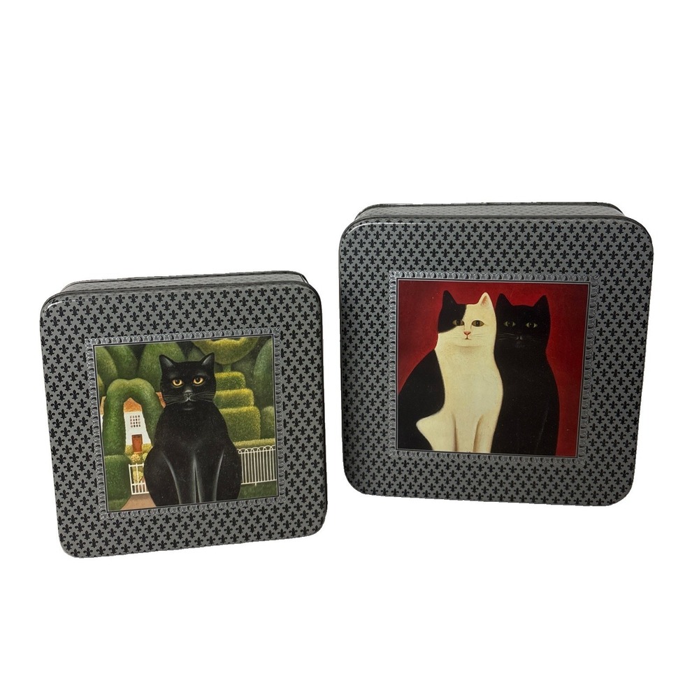 VTG "Classical Cats" Empty Tin Boxes By Department 56 lot of 2 gray fleur-de-lis